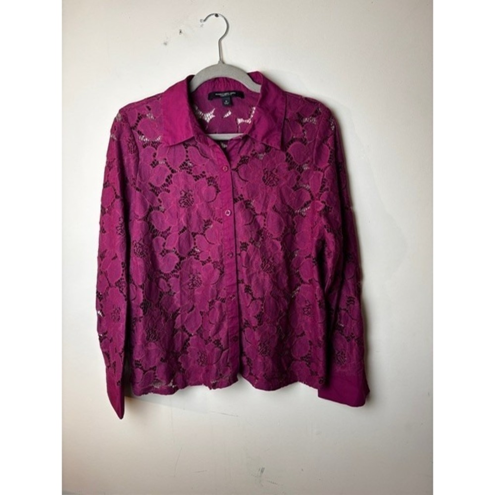 Womens M Marc New York Andrew Marc Button Up Shirt Pink Floral Lace Long Sleeve